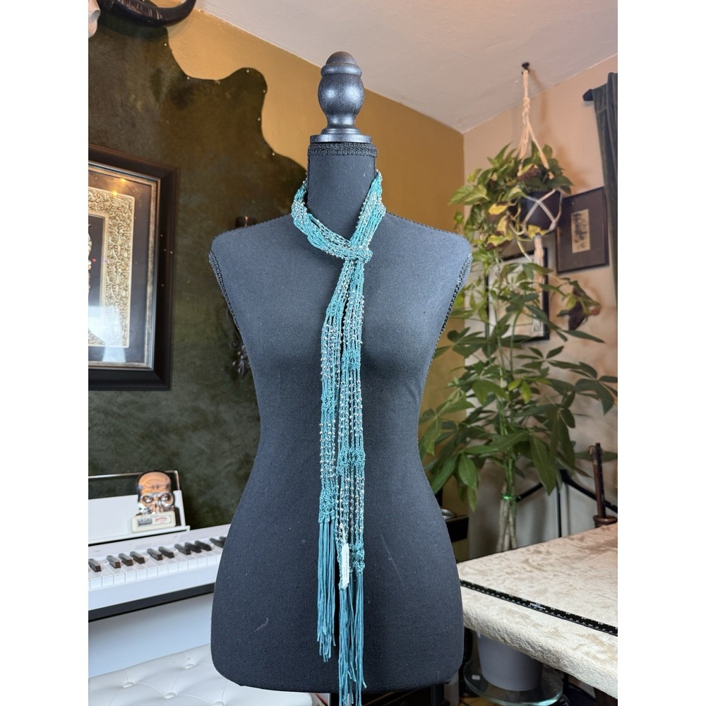 Wilkins & Olander Turquoise Multi-Strand Beaded Tassel scarf 70" NWT